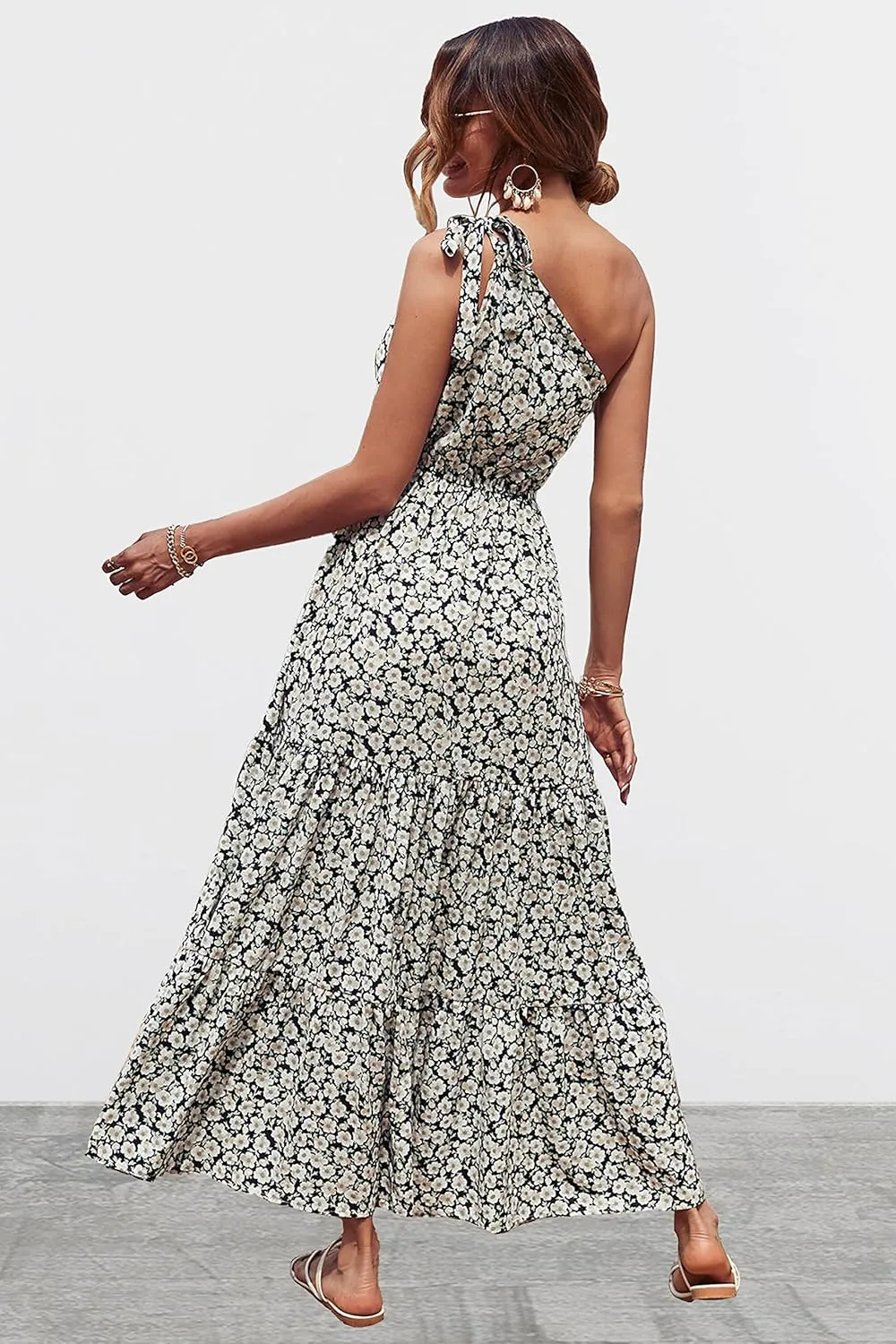 PRETTYGARDEN Women's Summer Floral One Shoulder Maxi Dress Knot Ruffle Boho Beach Vacation Wedding Guest Long Dresses