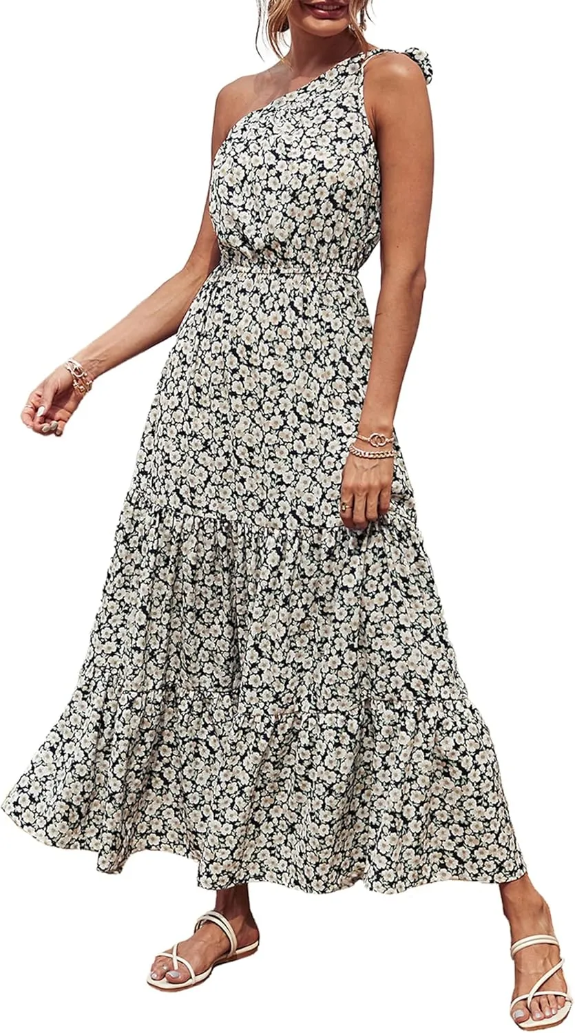 PRETTYGARDEN Women's Summer Floral One Shoulder Maxi Dress Knot Ruffle Boho Beach Vacation Wedding Guest Long Dresses