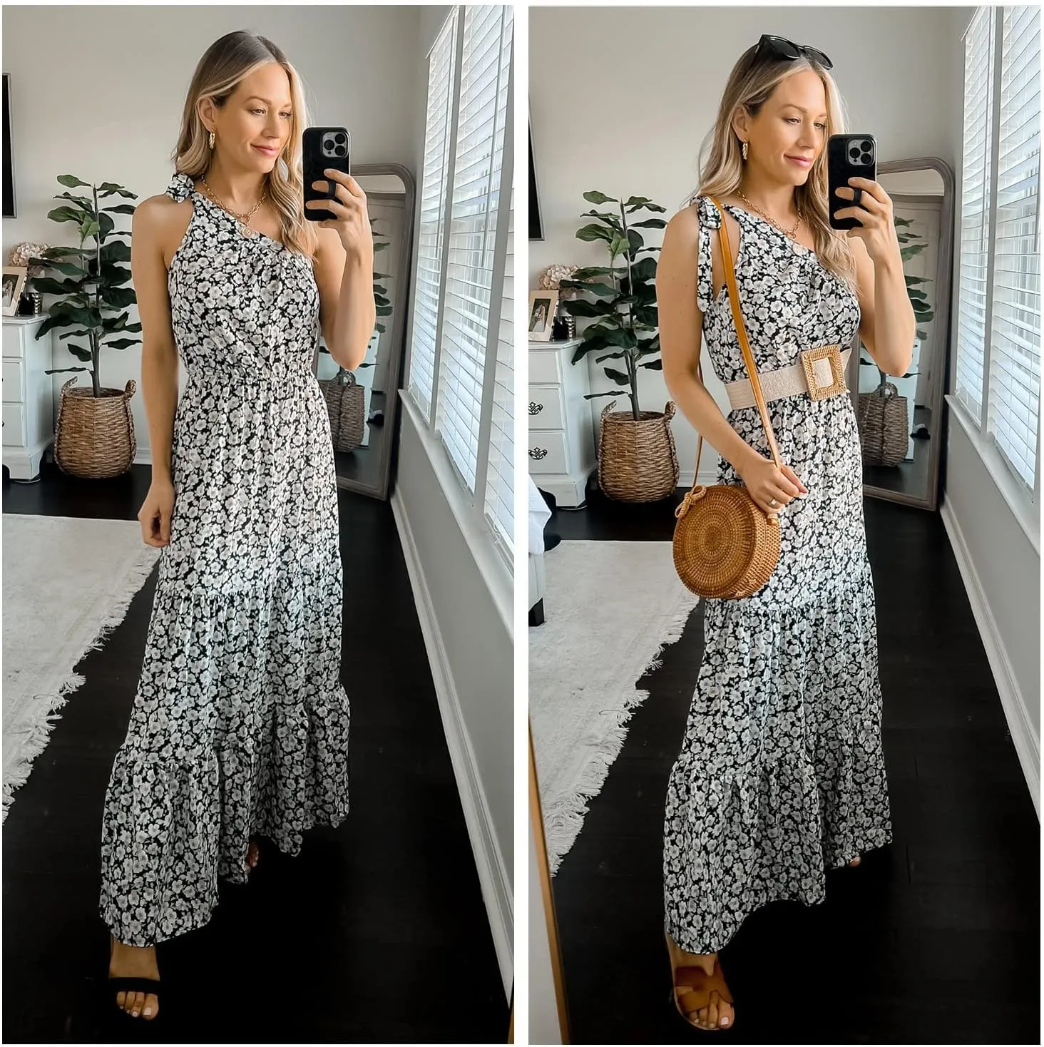 PRETTYGARDEN Women's Summer Floral One Shoulder Maxi Dress Knot Ruffle Boho Beach Vacation Wedding Guest Long Dresses