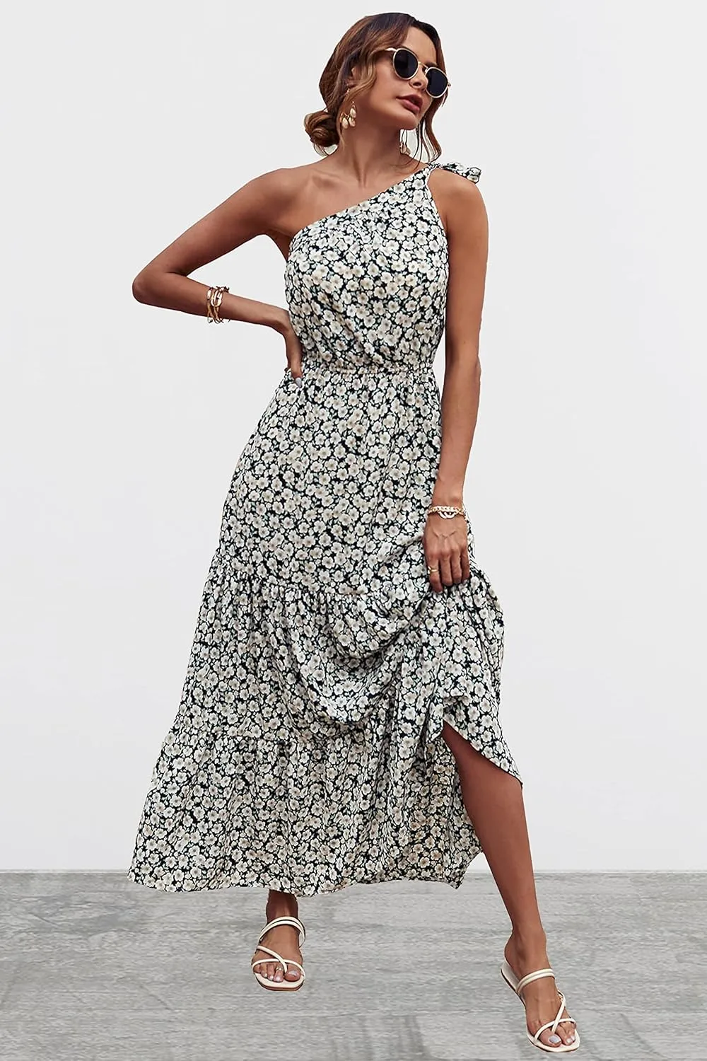 PRETTYGARDEN Women's Summer Floral One Shoulder Maxi Dress Knot Ruffle Boho Beach Vacation Wedding Guest Long Dresses