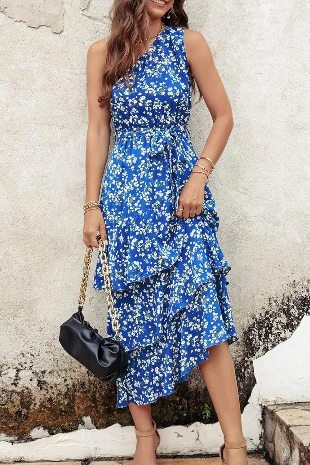 PRETTYGARDEN Women's Summer Floral Sundress Casual One Shoulder Tiered Ruffle Flowy Midi Beach Boho Dresses