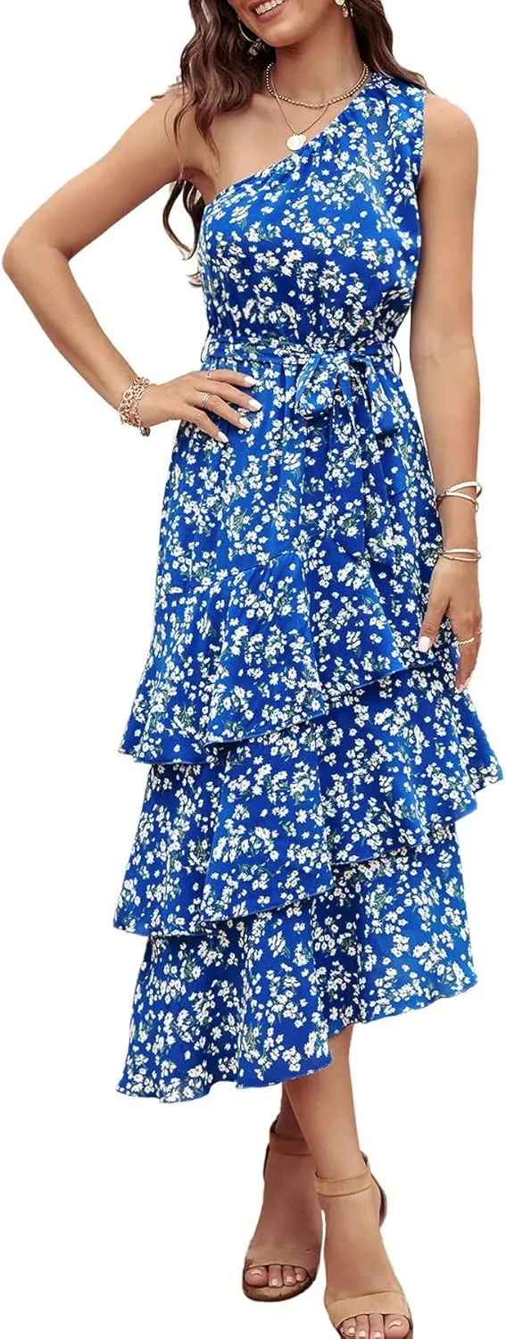 PRETTYGARDEN Women's Summer Floral Sundress Casual One Shoulder Tiered Ruffle Flowy Midi Beach Boho Dresses