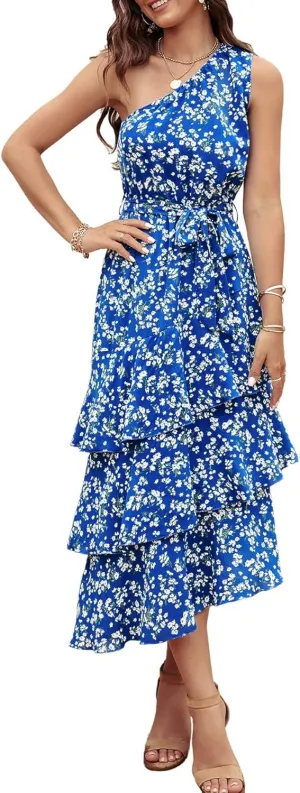 PRETTYGARDEN Women's Summer Floral Sundress Casual One Shoulder Tiered Ruffle Flowy Midi Beach Boho Dresses