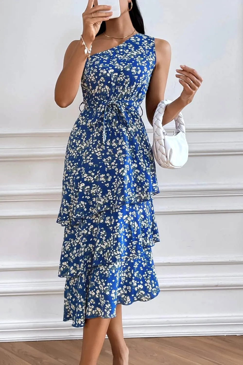 PRETTYGARDEN Women's Summer Floral Sundress Casual One Shoulder Tiered Ruffle Flowy Midi Beach Boho Dresses