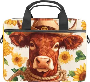 Protective Laptop Shoulder Messenger Bag Western Red Cow in Cowboy Hat Sunflowers Rope Briefcase Carrying Case Sleeve
