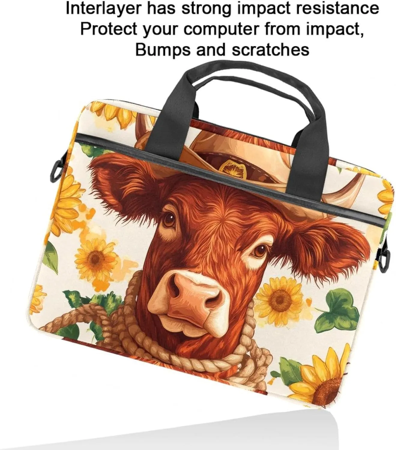 Protective Laptop Shoulder Messenger Bag Western Red Cow in Cowboy Hat Sunflowers Rope Briefcase Carrying Case Sleeve