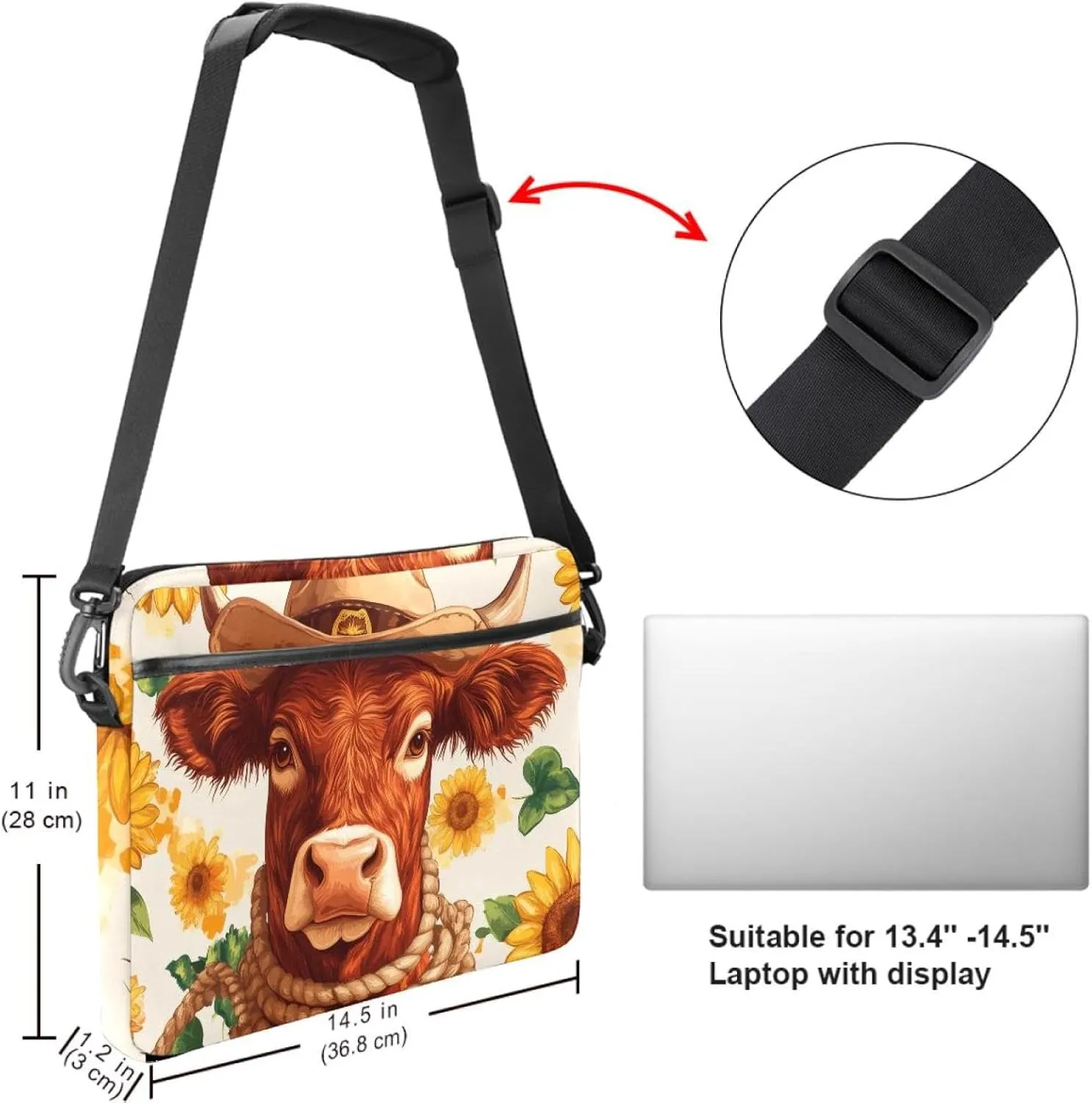 Protective Laptop Shoulder Messenger Bag Western Red Cow in Cowboy Hat Sunflowers Rope Briefcase Carrying Case Sleeve