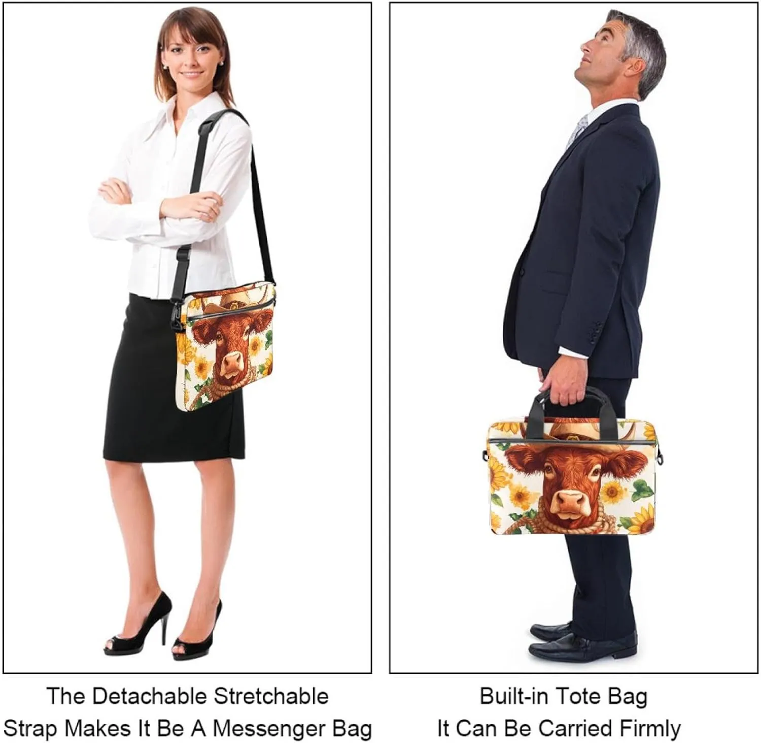 Protective Laptop Shoulder Messenger Bag Western Red Cow in Cowboy Hat Sunflowers Rope Briefcase Carrying Case Sleeve