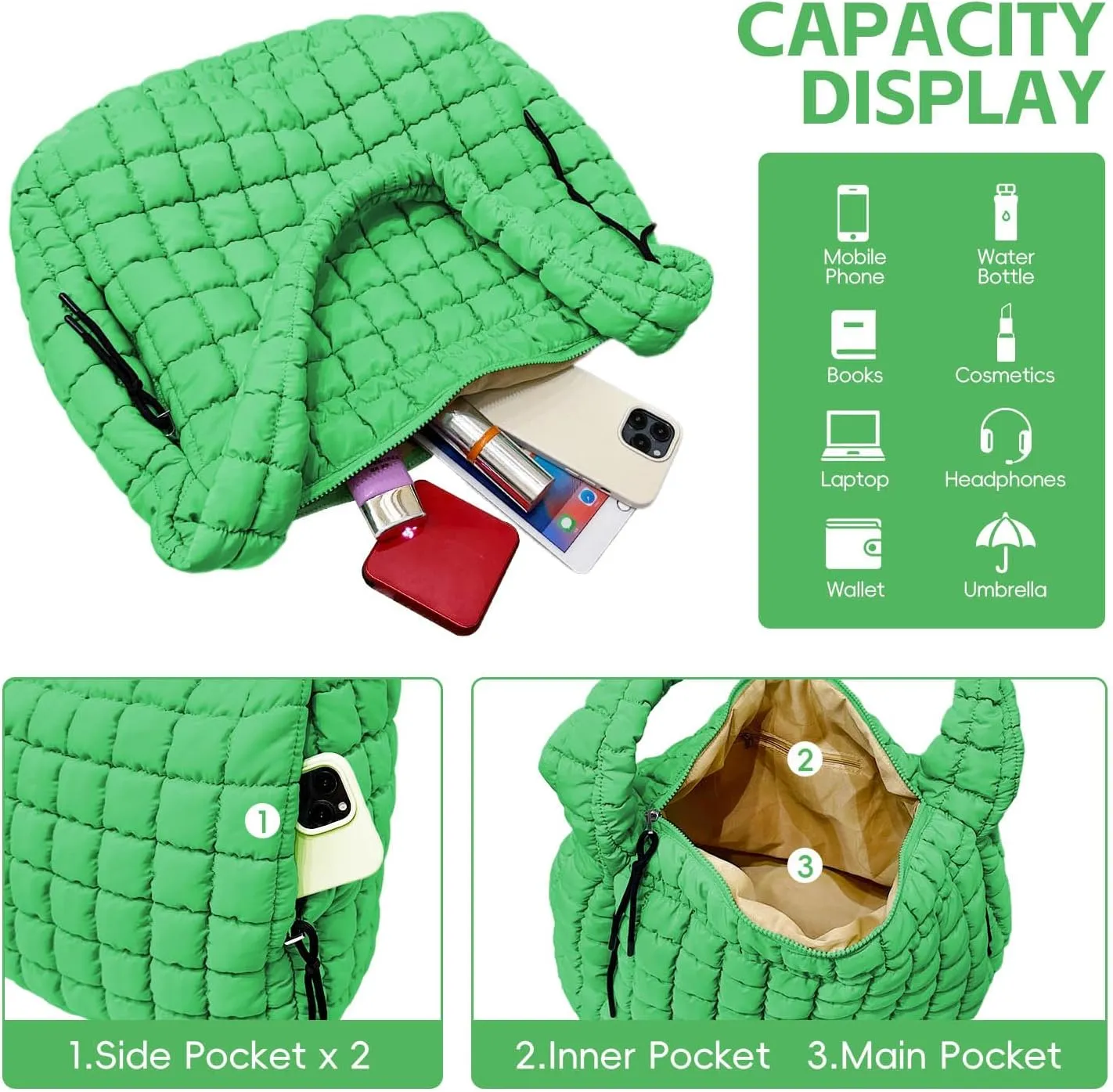 Puffer Tote, Quilted Puffer Hobo Bag, Lightweight Puffy Quilted Shoulder Bag for Work, Gym, Travel