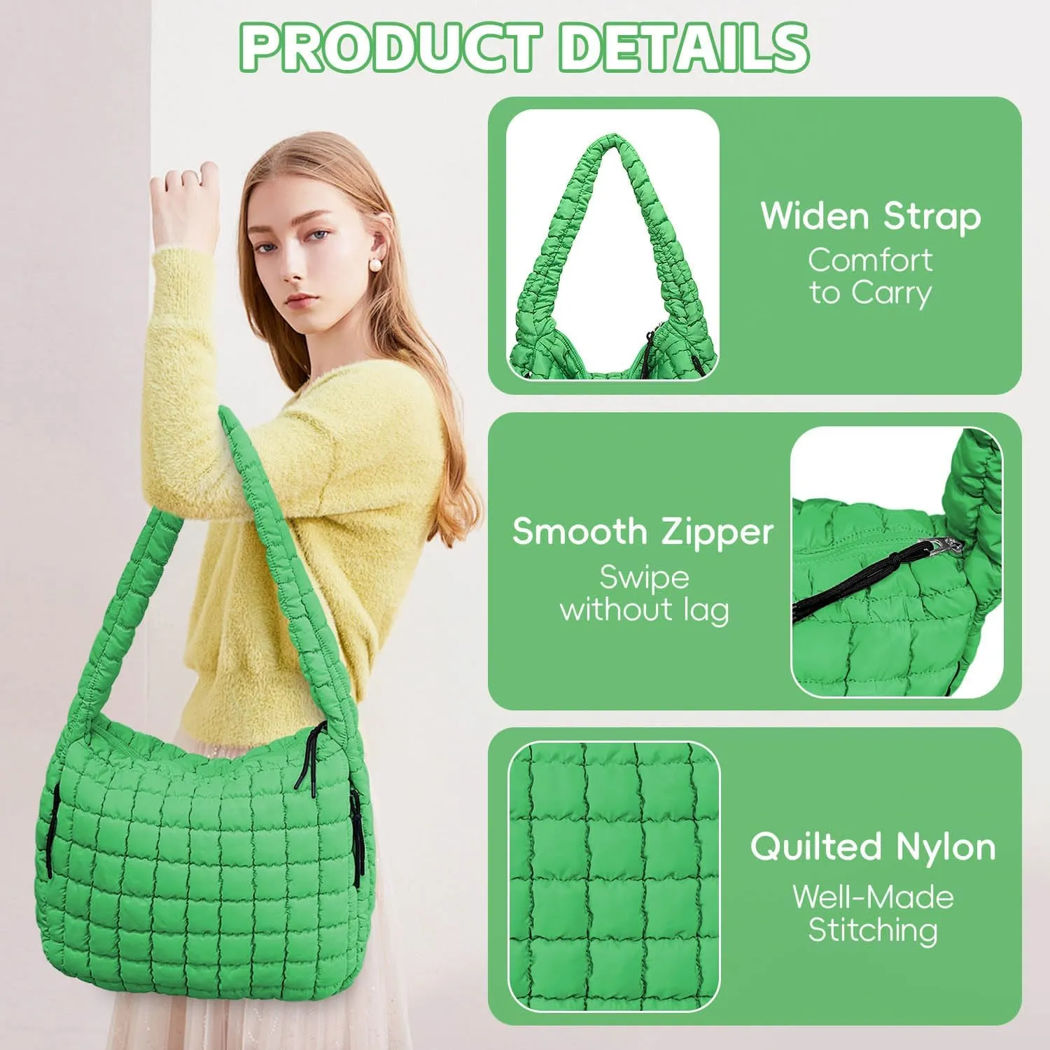 Puffer Tote, Quilted Puffer Hobo Bag, Lightweight Puffy Quilted Shoulder Bag for Work, Gym, Travel