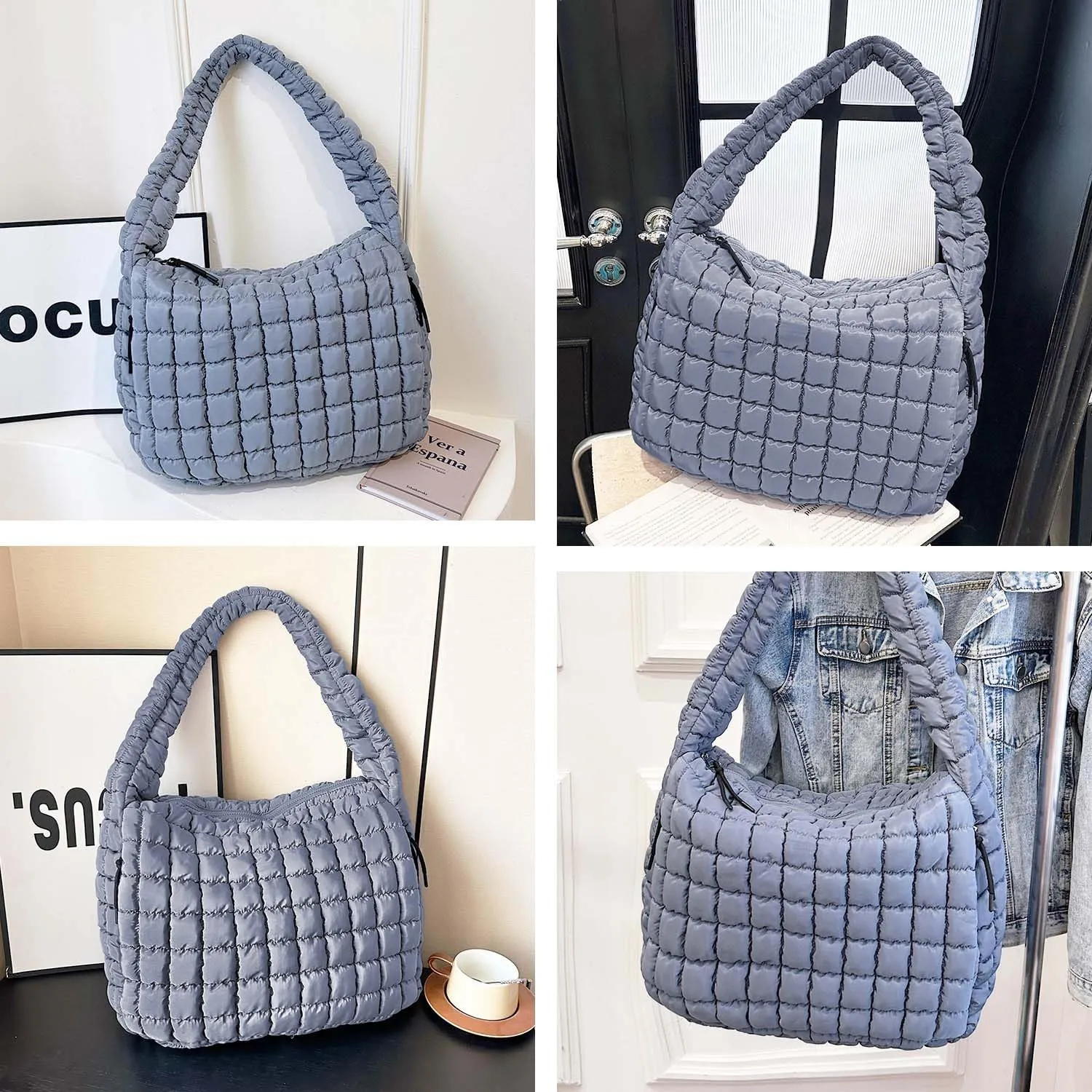 Puffer Tote, Quilted Puffer Hobo Bag, Lightweight Puffy Quilted Shoulder Bag for Work, Gym, Travel
