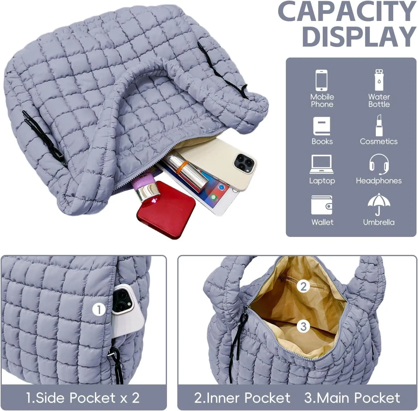 Puffer Tote, Quilted Puffer Hobo Bag, Lightweight Puffy Quilted Shoulder Bag for Work, Gym, Travel