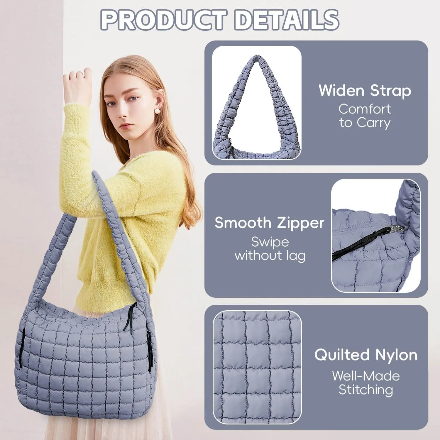 Puffer Tote, Quilted Puffer Hobo Bag, Lightweight Puffy Quilted Shoulder Bag for Work, Gym, Travel