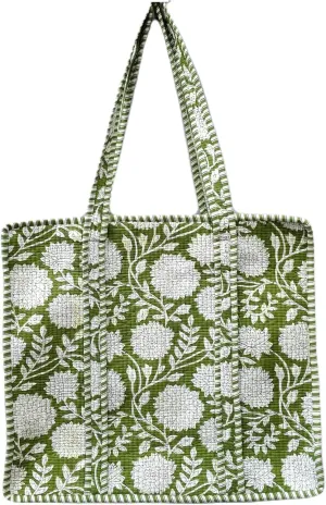 Quilted Cotton Handprinted Block print Reversible Large multicolor Floral Tote Bag (COTTON, GREEN,FLORAL)
