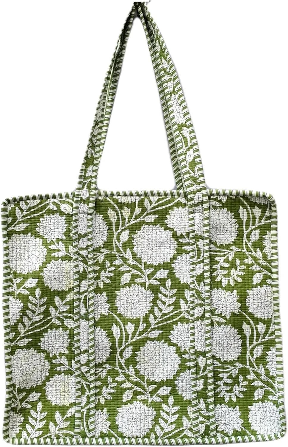 Quilted Cotton Handprinted Block print Reversible Large multicolor Floral Tote Bag (COTTON, GREEN,FLORAL)