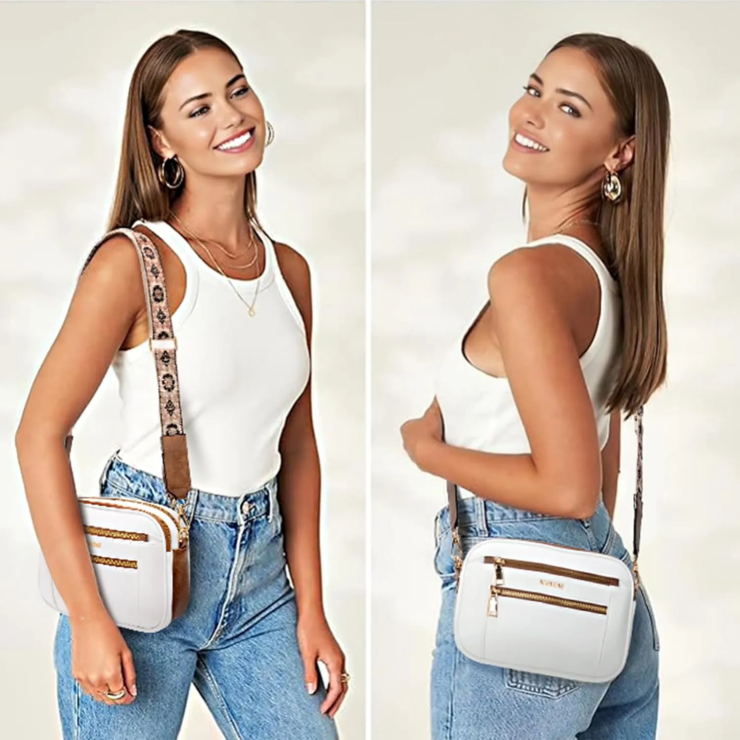 Quilted Crossbody Bags For Women Vegan Leather Small Purses Wide Strap Medium Lightweight Shoulder Handbags