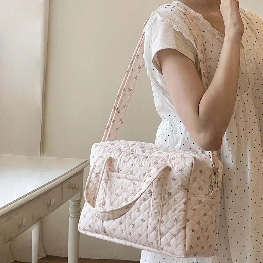 Quilted Duffle Bag For Women Cute Weekender Bag Floral Travel Bag Aesthetic Puffer Duffle Bag Cotton Diaper Tote Bag