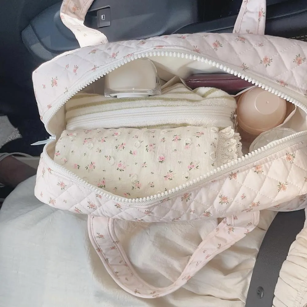 Quilted Duffle Bag For Women Cute Weekender Bag Floral Travel Bag Aesthetic Puffer Duffle Bag Cotton Diaper Tote Bag