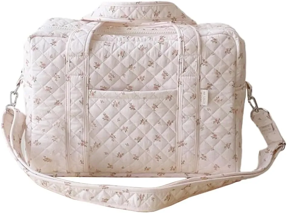 Quilted Duffle Bag For Women Cute Weekender Bag Floral Travel Bag Aesthetic Puffer Duffle Bag Cotton Diaper Tote Bag