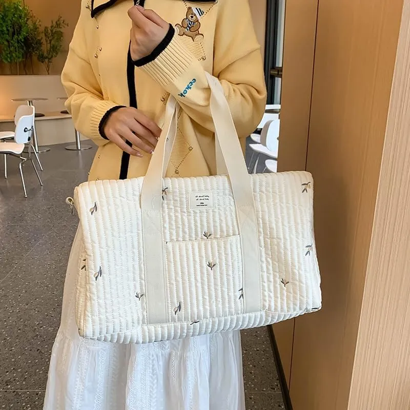 Quilted Duffle Bag For Women Cute Weekender Bag Floral Travel Bag Cotton Diaper Tote Bag