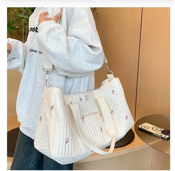 Quilted Duffle Bag For Women Cute Weekender Bag Floral Travel Bag Cotton Diaper Tote Bag