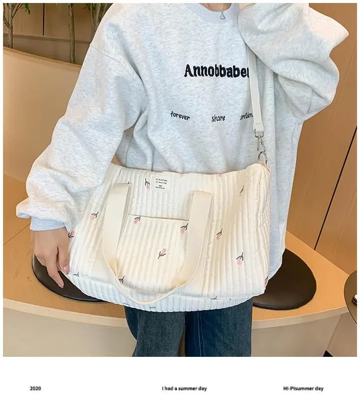 Quilted Duffle Bag For Women Cute Weekender Bag Floral Travel Bag Cotton Diaper Tote Bag