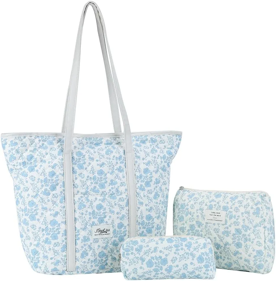 Quilted Tote Bag for Women Large Floral Cotton Tote Purses Cute Puffy Tote Bag Aesthetic Handbag for Shopping Travel