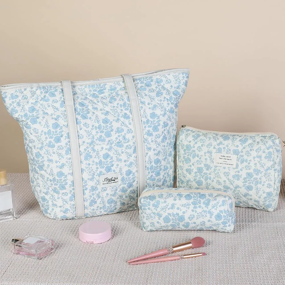 Quilted Tote Bag for Women Large Floral Cotton Tote Purses Cute Puffy Tote Bag Aesthetic Handbag for Shopping Travel