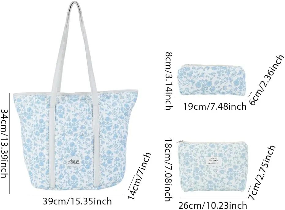 Quilted Tote Bag for Women Large Floral Cotton Tote Purses Cute Puffy Tote Bag Aesthetic Handbag for Shopping Travel