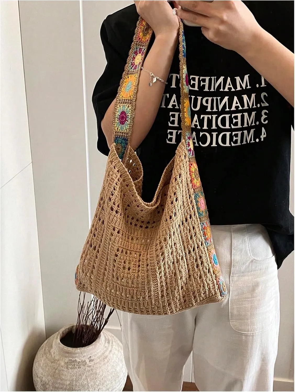 QWINEE Women's Boho Embroidery Crossbody Bag Hollow Out Crochet Knit Shoulder Bag Tote Handbag