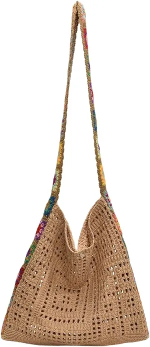 QWINEE Women's Boho Embroidery Crossbody Bag Hollow Out Crochet Knit Shoulder Bag Tote Handbag
