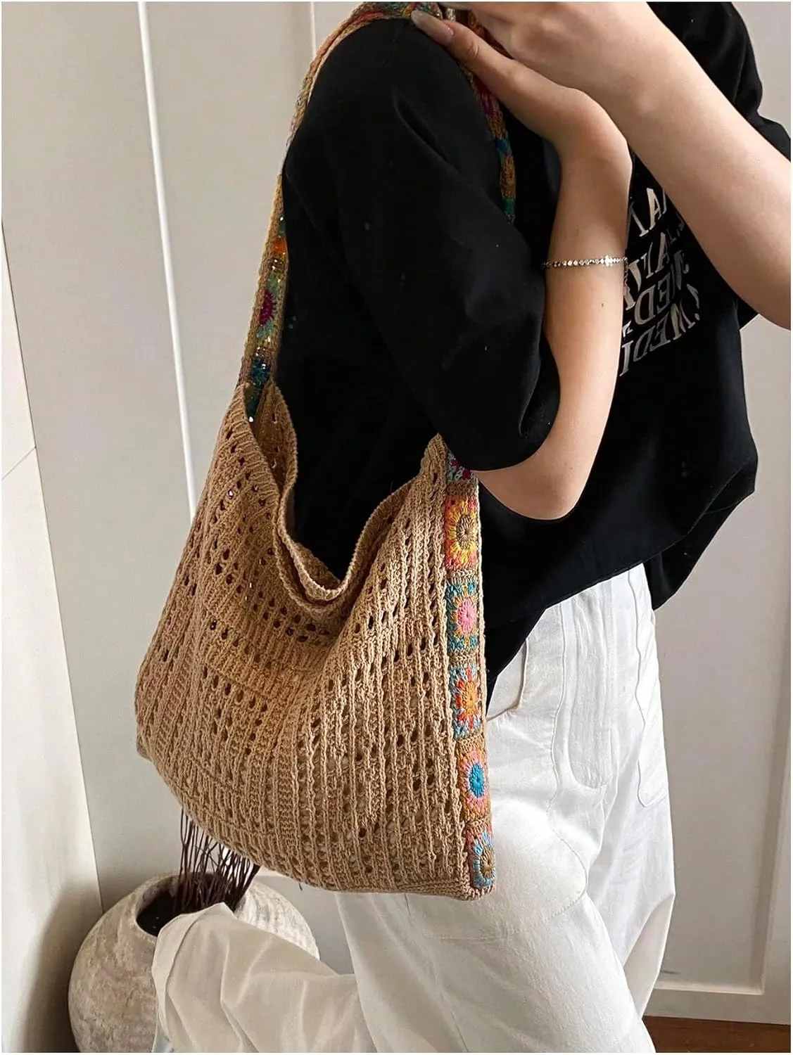 QWINEE Women's Boho Embroidery Crossbody Bag Hollow Out Crochet Knit Shoulder Bag Tote Handbag