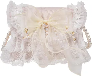 QZUnique Lolita Shoulder Bag Handmade Crossbody Tote Bags with Lace Bow Handbags for Women Girl Purse with Pearl Straps