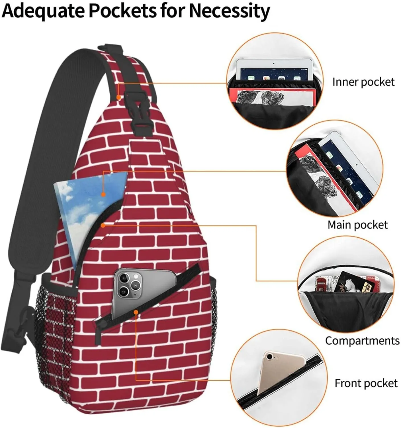 Red Brick Wall Backdrop Cross Chest Bag Diagonally Hiking Crossbody Bag Travel Shoulder Daypack Lightweight Sling Backpack Cycling Daypacks Fitness Chest Backpacks