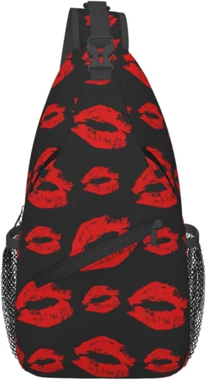 Red Lips Print Black Small Sling Bags For Men Women Unisex Lightweight Shoulder Backpack Small Crossbody Chest Sling Travel Hiking Walking Cycling Casual Daypack with Adjustable Strap