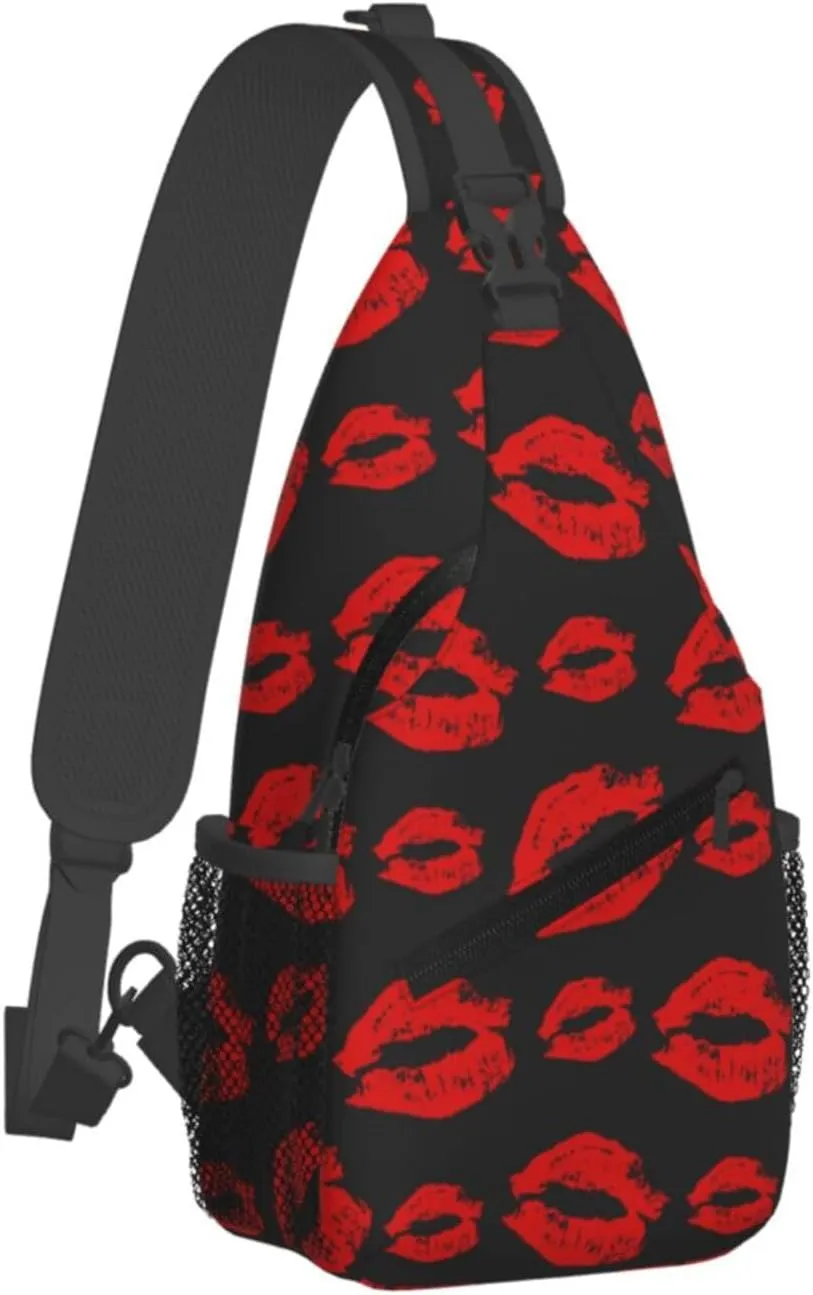 Red Lips Print Black Small Sling Bags For Men Women Unisex Lightweight Shoulder Backpack Small Crossbody Chest Sling Travel Hiking Walking Cycling Casual Daypack with Adjustable Strap
