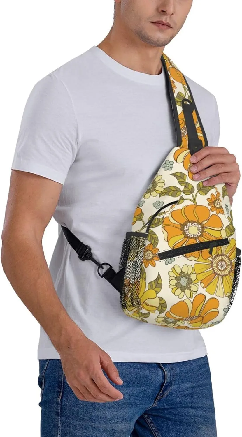 Retro 70s Style Flower Sling Bag for Women Men Hand Drawn Groovy Pattern with Orange Flowers Crossbody Backpack Cute Floral Pattern Sling Backpack Casual Shoulder Bag Travel Hiking Daypack