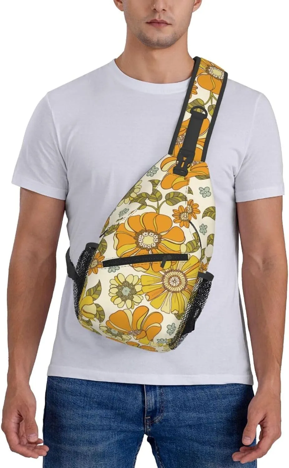 Retro 70s Style Flower Sling Bag for Women Men Hand Drawn Groovy Pattern with Orange Flowers Crossbody Backpack Cute Floral Pattern Sling Backpack Casual Shoulder Bag Travel Hiking Daypack