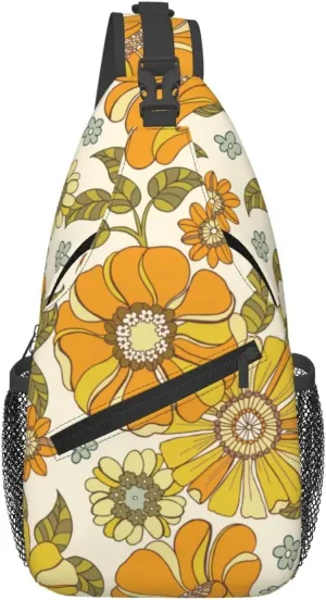 Retro 70s Style Flower Sling Bag for Women Men Hand Drawn Groovy Pattern with Orange Flowers Crossbody Backpack Cute Floral Pattern Sling Backpack Casual Shoulder Bag Travel Hiking Daypack
