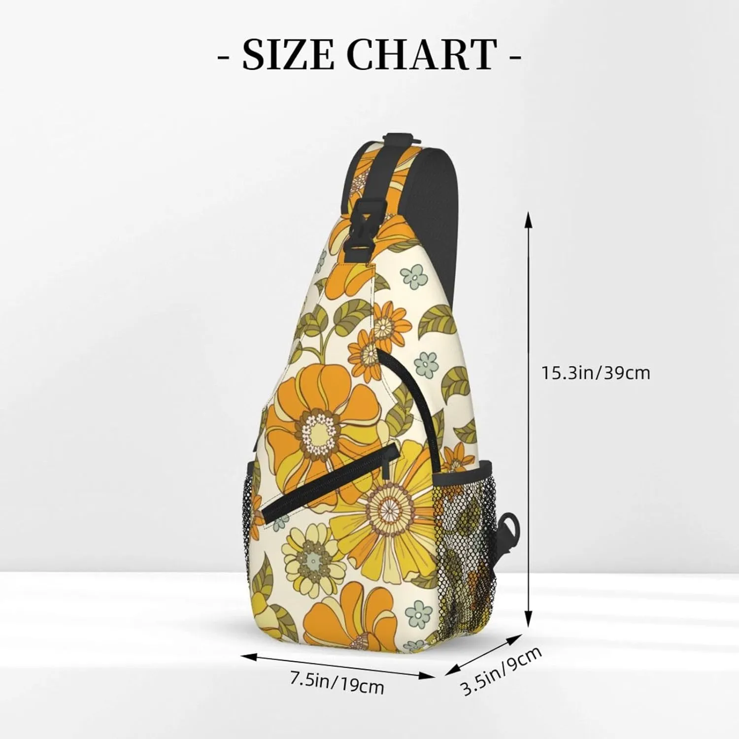 Retro 70s Style Flower Sling Bag for Women Men Hand Drawn Groovy Pattern with Orange Flowers Crossbody Backpack Cute Floral Pattern Sling Backpack Casual Shoulder Bag Travel Hiking Daypack