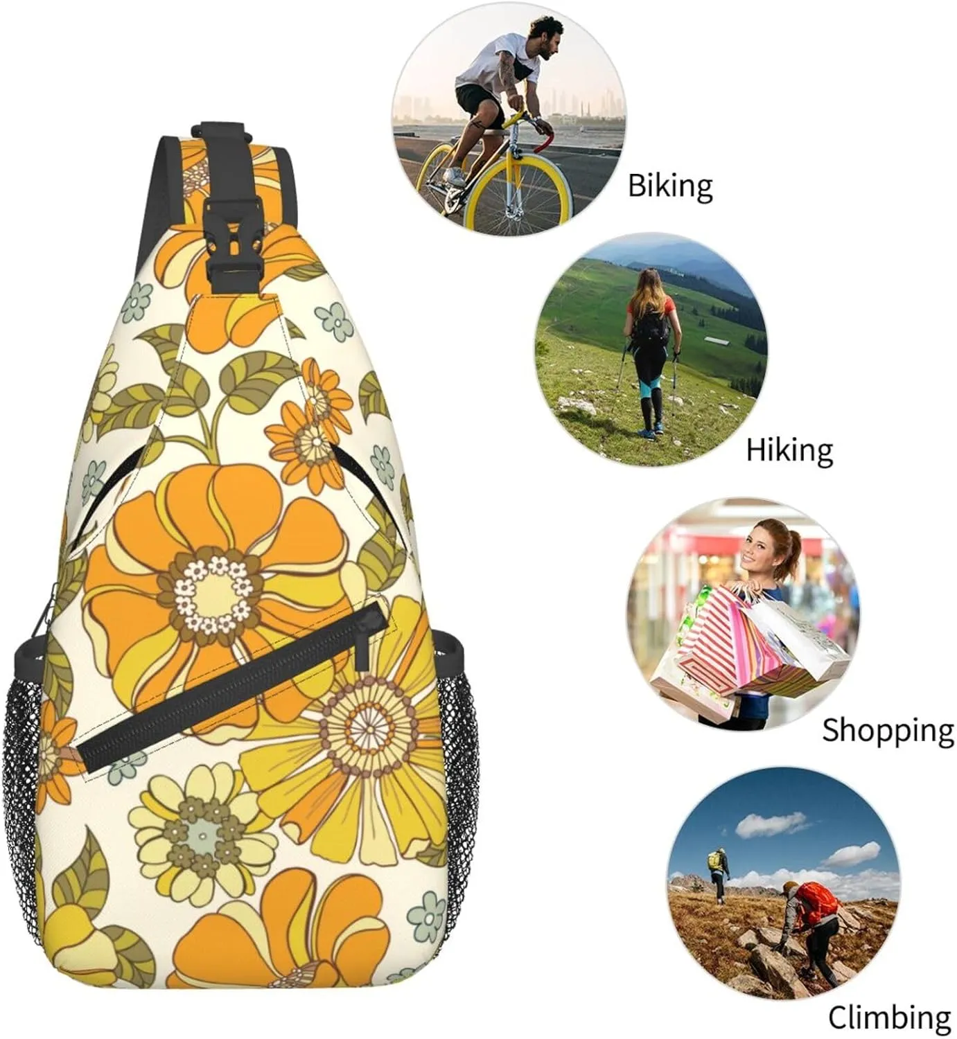 Retro 70s Style Flower Sling Bag for Women Men Hand Drawn Groovy Pattern with Orange Flowers Crossbody Backpack Cute Floral Pattern Sling Backpack Casual Shoulder Bag Travel Hiking Daypack
