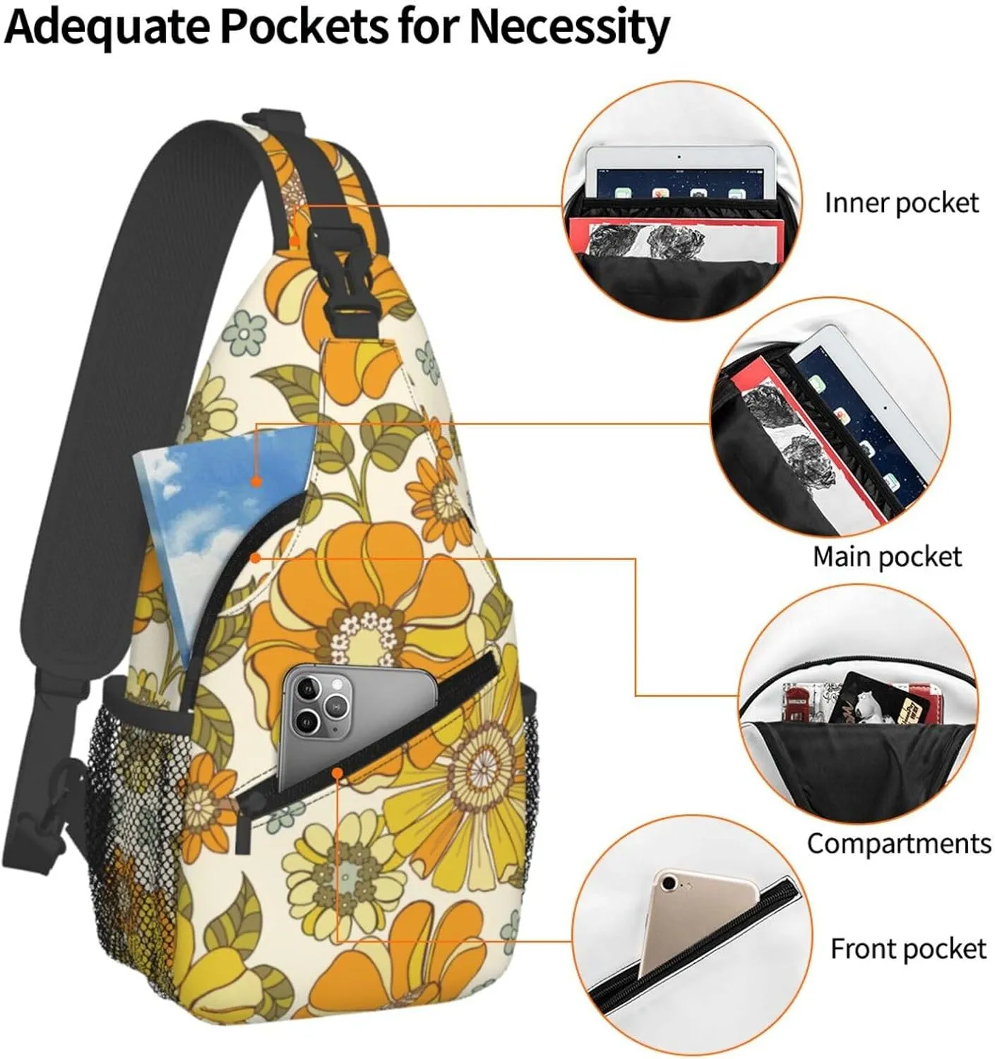 Retro 70s Style Flower Sling Bag for Women Men Hand Drawn Groovy Pattern with Orange Flowers Crossbody Backpack Cute Floral Pattern Sling Backpack Casual Shoulder Bag Travel Hiking Daypack