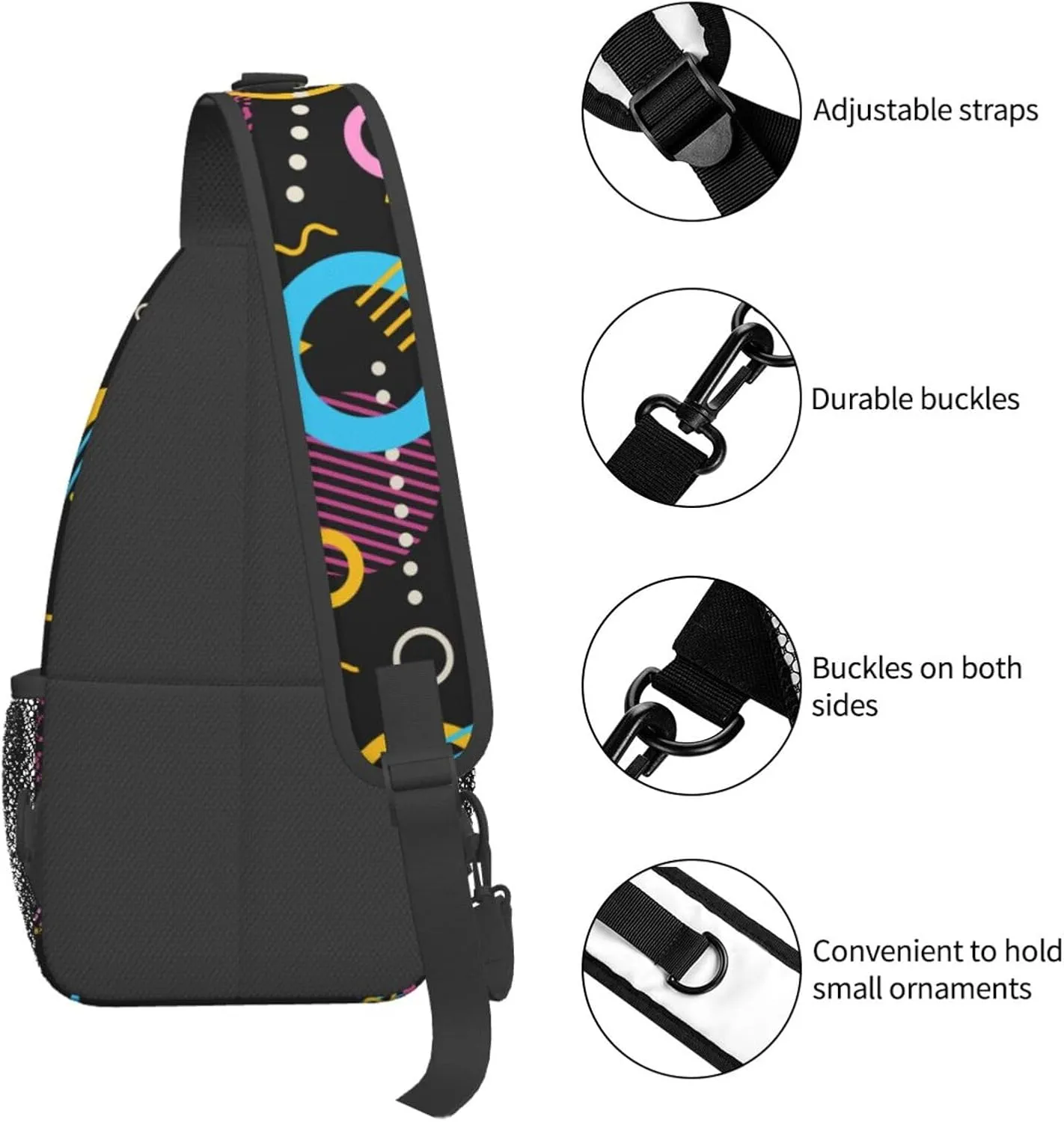 Retro 80s Inspired Geometric Shapes Sling Bag for Women Men's Crossbody Sling Backpack Casual Hiking Daypack Shoulder Chest Bag with Adjustable Strap