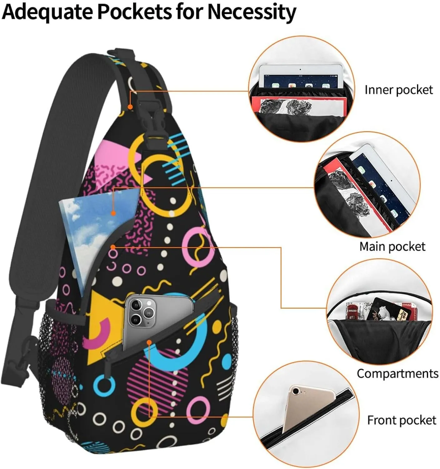 Retro 80s Inspired Geometric Shapes Sling Bag for Women Men's Crossbody Sling Backpack Casual Hiking Daypack Shoulder Chest Bag with Adjustable Strap