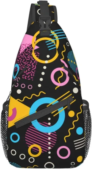 Retro 80s Inspired Geometric Shapes Sling Bag for Women Men's Crossbody Sling Backpack Casual Hiking Daypack Shoulder Chest Bag with Adjustable Strap