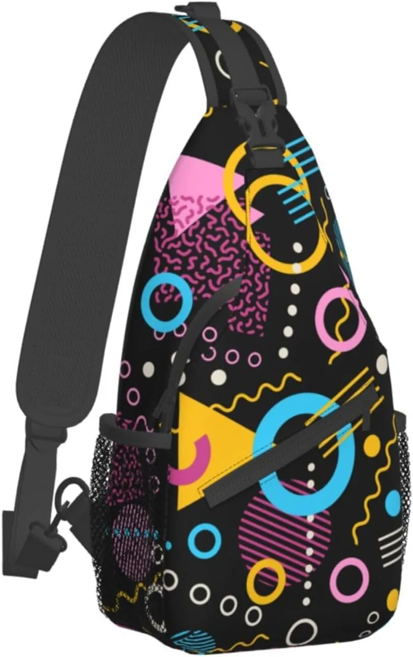 Retro 80s Inspired Geometric Shapes Sling Bag for Women Men's Crossbody Sling Backpack Casual Hiking Daypack Shoulder Chest Bag with Adjustable Strap
