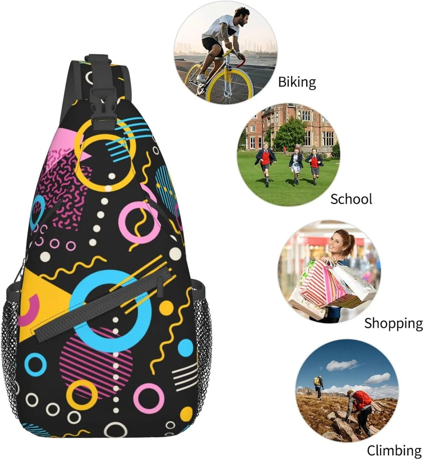 Retro 80s Inspired Geometric Shapes Sling Bag for Women Men's Crossbody Sling Backpack Casual Hiking Daypack Shoulder Chest Bag with Adjustable Strap