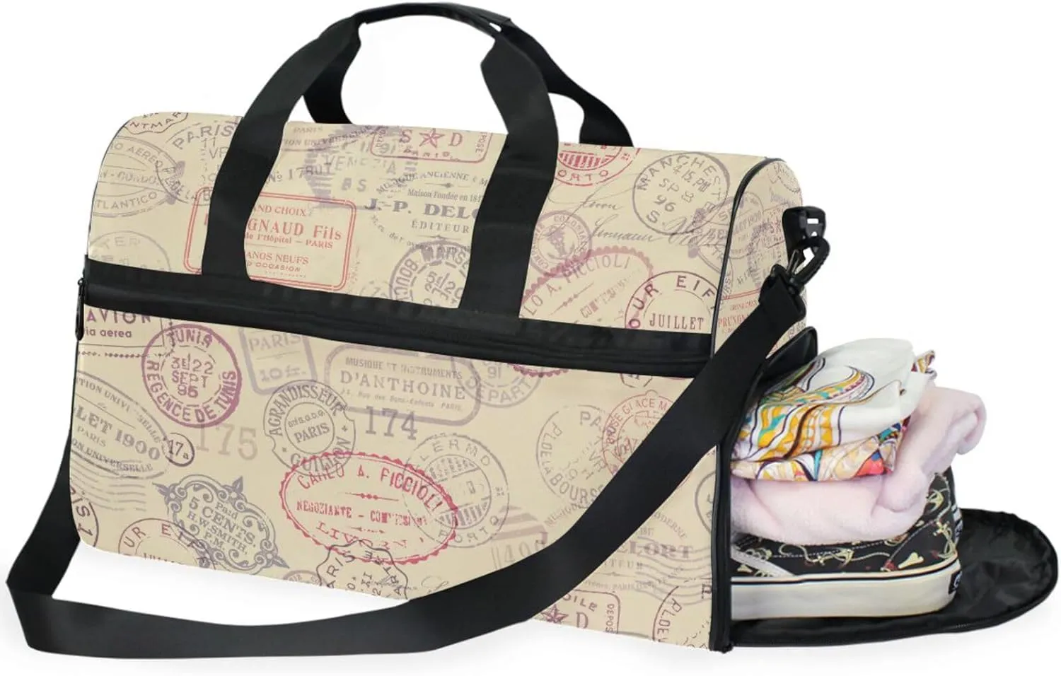 Retro Stamps Duffel Bag for Travel, Large Sport Gym Bag with Shoe Compartment