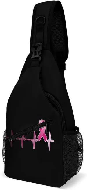 Ribbon Breast Cancer Heartbeat Crossbody Bag Multipurpose Over Shoulder Sling Backpack Travel Chest Side Pouch Daypack