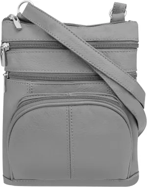 Roma Leathers' Cross Body Purse - Premium Gray Colored Cowhide Leather - Multi Zippered Pockets - Front Organizer Pocket With Credit Card Slots - Adjustable Shoulder Strap - Designed in U.S.A.